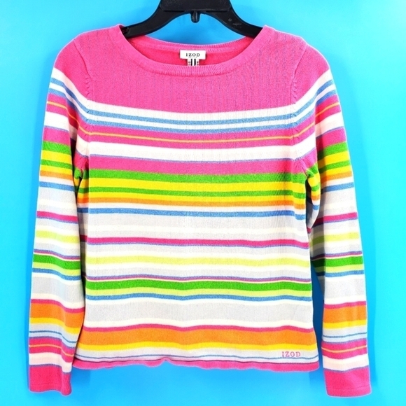 Izod 100% cotton crewneck rainbow stripe sweater PM - Picture 1 of 11
